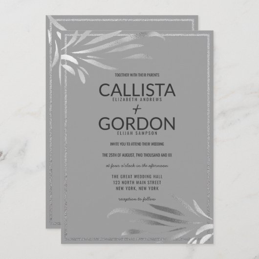 Invitation Feuille moderne Silver Grey Parties scintillant Ma (Devant / Derrière)
