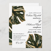 Invitation Feuille moderne Tropical Green Monstera or Mariage (Devant / Derrière)