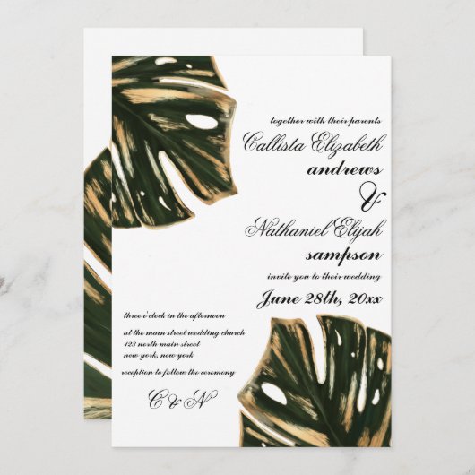 Invitation Feuille moderne Tropical Green Monstera or Mariage (Devant / Derrière)