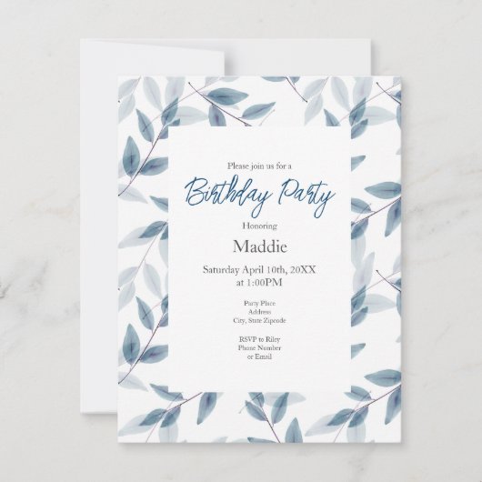 Invitation Feuille Motif Aquarelle bleu ardoise (Devant)