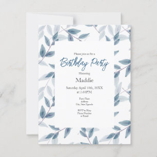 Invitation Feuille Motif Aquarelle bleu ardoise