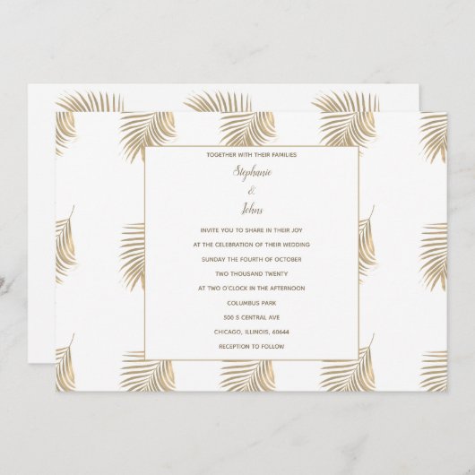 Invitation Feuille Motif de palme tropicale Sepia Gold Mariag (Devant / Derrière)