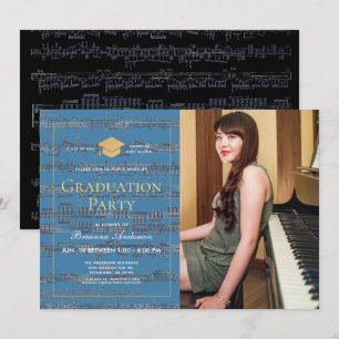 Invitation Feuille Musique Blue Gold Photo Drive-by Graduatio