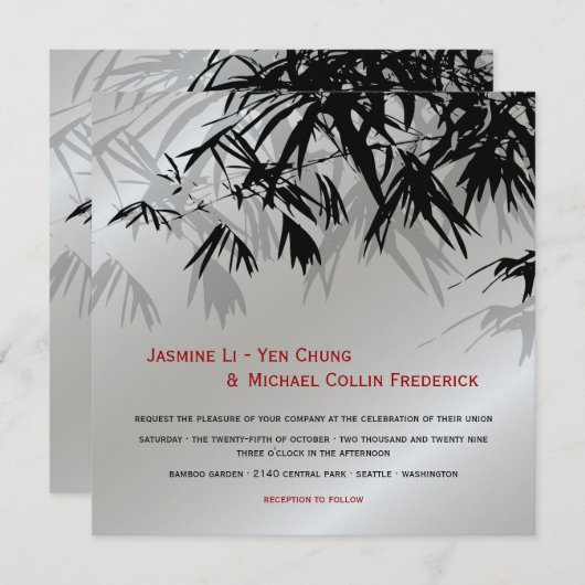 Invitation Feuille Oriental en bambou Noir Argent Asiatique M (Devant / Derrière)