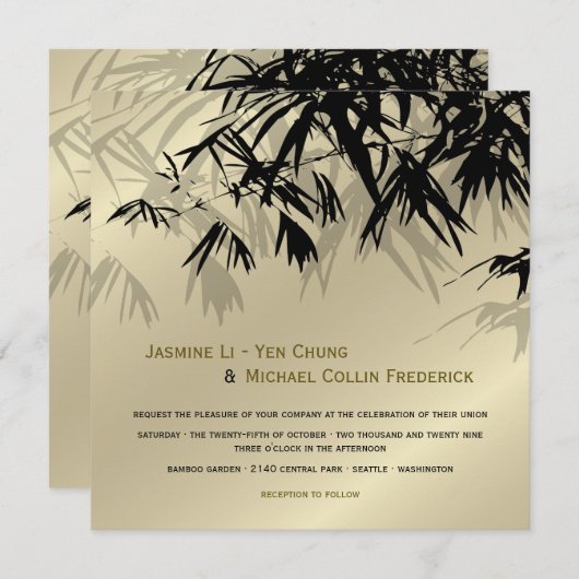 Invitation Feuille Oriental en bambou Noir Or Mariage asiatiq (Devant / Derrière)