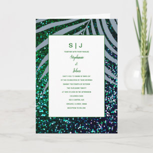 Invitation Feuille Parties scintillant verte Mariage bleu Dus