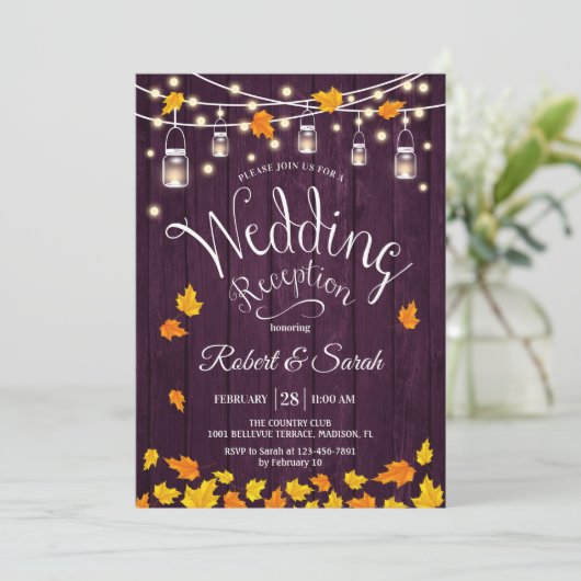 Invitation Feuille Purple Wood Fall Rustic Mariage Réception (Debout devant)