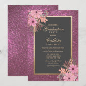 Invitation Feuille rose aquarelle Parties scintillant graduat (Devant / Derrière)