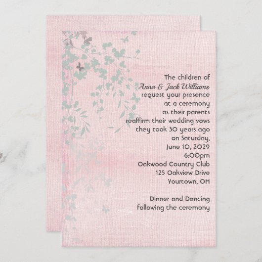 Invitation Feuille rose et argent (Devant / Derrière)