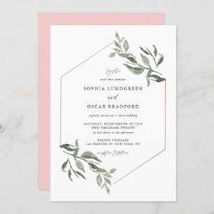 Invitation Feuille  Rose  or Mariage de trame aquarelle