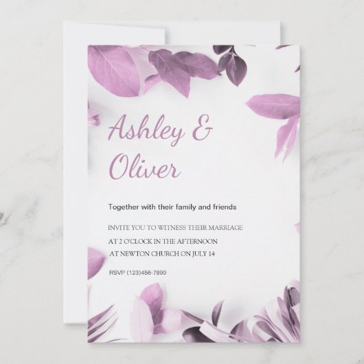 Invitation Feuille rose simple Mariage vert blanc (Devant)
