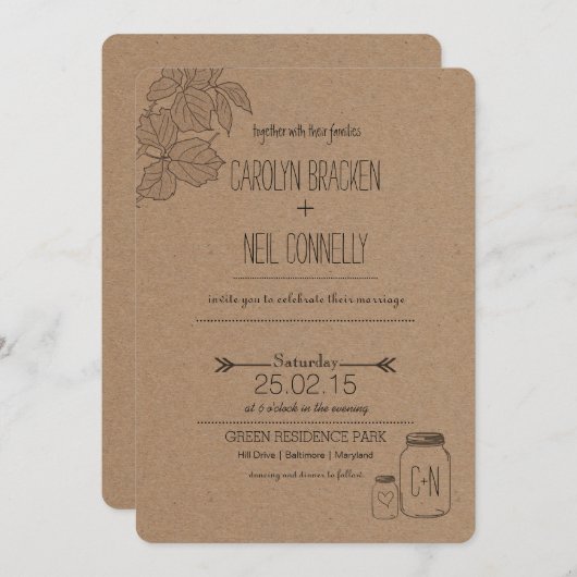 Invitation Feuille russe| Mason Jar|Faire-part de mariage car (Devant / Derrière)