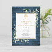 Invitation Feuille rustique bleue Croix dorée Baptême (Debout devant)