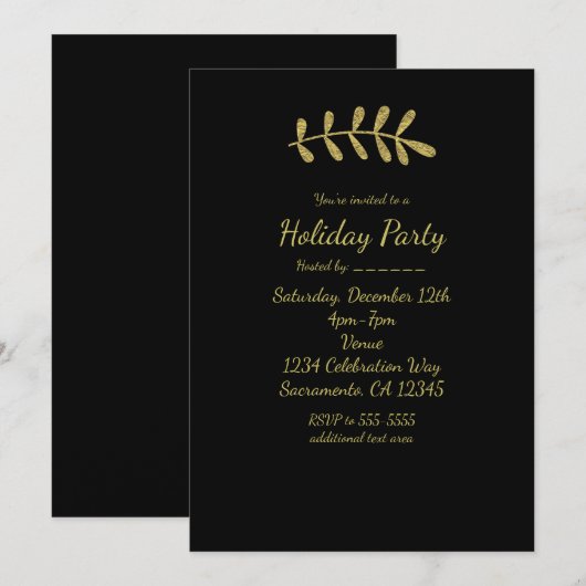 Invitation Feuille rustique dorée élégante noir automne éléga (Devant / Derrière)