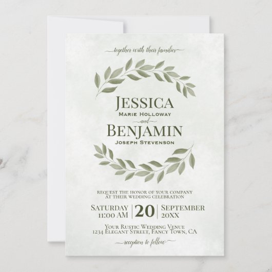 Invitation Feuille rustique Élégant Sage & Mariage vert olive (Devant)