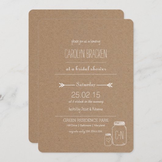 Invitation Feuille rustique| Masonjar | Fête des mariées card (Devant / Derrière)