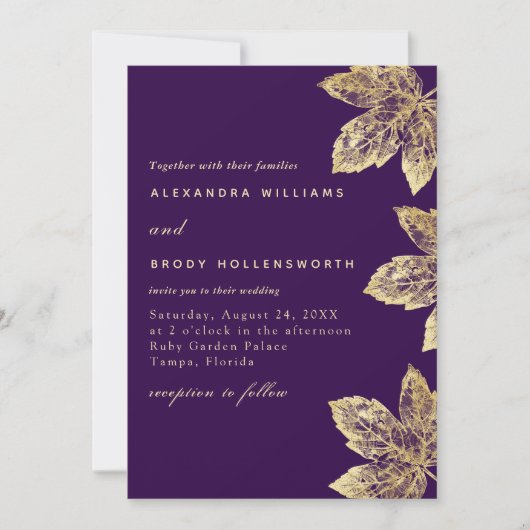 Invitation Feuille Rustique Violet Et Or Tout En Un Mariage (Devant)