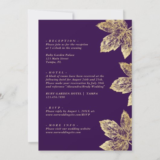 Invitation Feuille Rustique Violet Et Or Tout En Un Mariage (Dos)