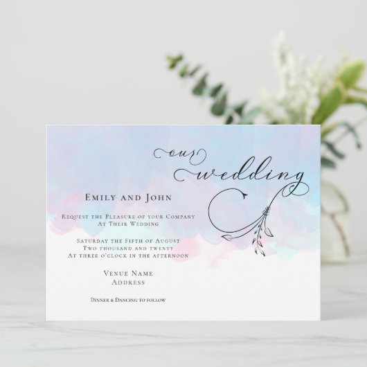 Invitation Feuille Script bleu rose Lilac Aquarelles Mariage (Debout devant)