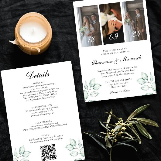 Invitation Feuille simple d'eucalyptus et 3 Mariage de code Q