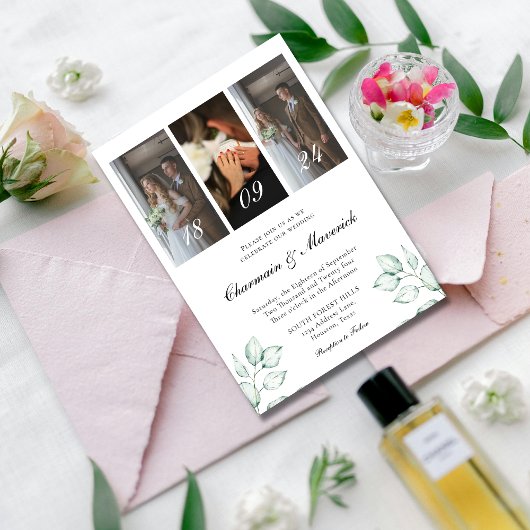 Invitation Feuille simple d'eucalyptus et 3 Mariage de code Q
