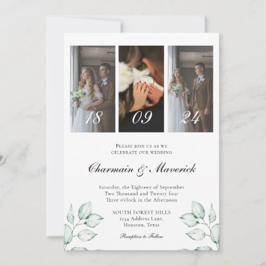 Invitation Feuille simple d'eucalyptus et 3 Mariage de code Q (Devant)