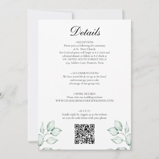 Invitation Feuille simple d'eucalyptus et 3 Mariage de code Q (Dos)