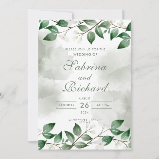 Invitation Feuille simple et moderne Mariage d'aquarelle vert (Devant)