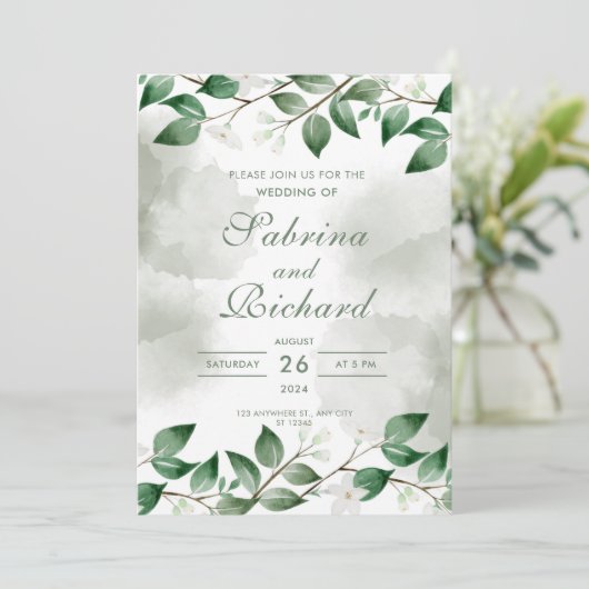 Invitation Feuille simple et moderne Mariage d'aquarelle vert (Debout devant)