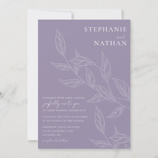Invitation Feuille simple moderne Dusty Mariage de lavande (Devant)
