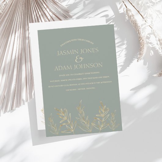 Invitation Feuille simple Sage vert et or Mariage