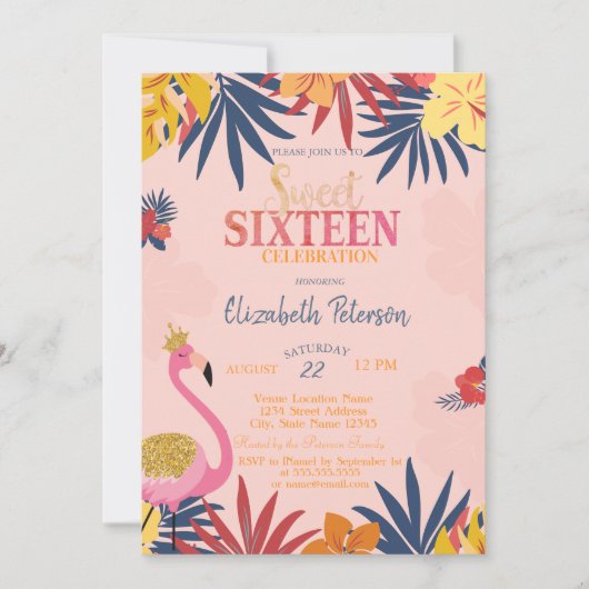 Invitation Feuille tropical Hibiscus Flamants roses doux 16 (Devant)