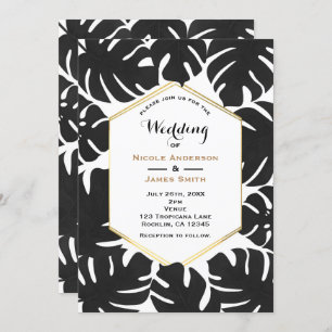 Invitation Feuille Tropical Noir Blanc & Mariage Chic Or