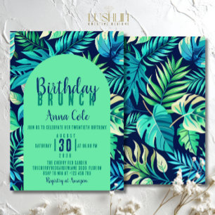 Invitation Feuille Tropicale de Monstera Pastel Vert et Bleu