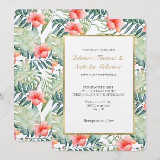 Invitation Feuille tropicale Hibiscus Floral Aquarelle Mariag (Devant / Derrière)