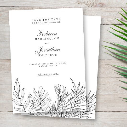 Invitation Feuille tropicale Noir Blanc Mariage Enregistrer L