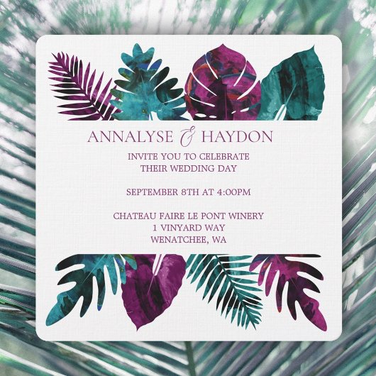 Invitation Feuille tropicale, Turquoise, Mariage rose Berry s