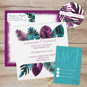 Invitation Feuille tropicale, Turquoise, Mariage rose Berry s