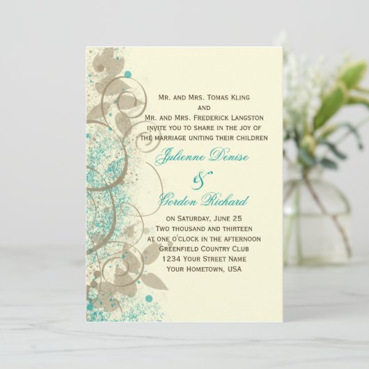Invitation Feuille Turquoise Tan Grunge (Debout devant)