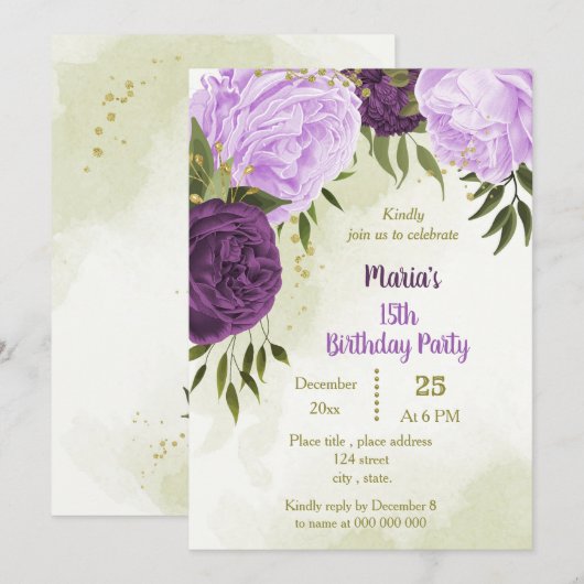 Invitation feuille vert de fleurs violettes (Devant / Derrière)