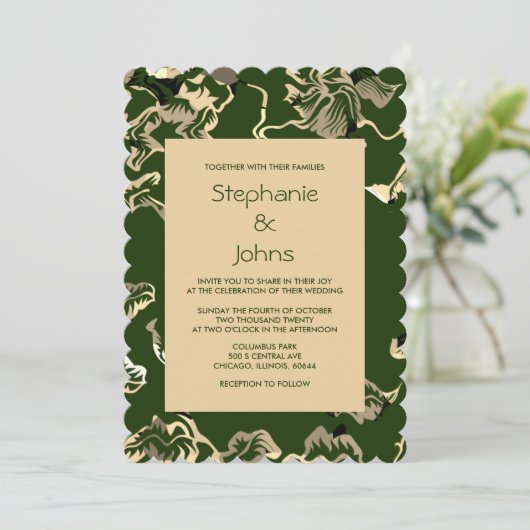 Invitation Feuille vert foncé Motif mariage élégant (Debout devant)