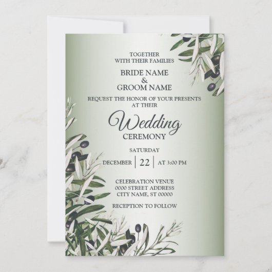Invitation Feuille vert Olive noir Elégant mariage (Devant)