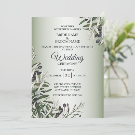 Invitation Feuille vert Olive noir Elégant mariage (Debout devant)