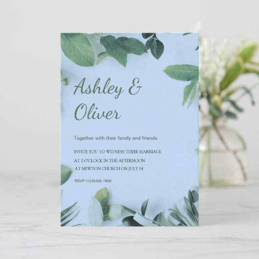Invitation Feuille Vert simple Mariage de verdure bleue (Debout devant)