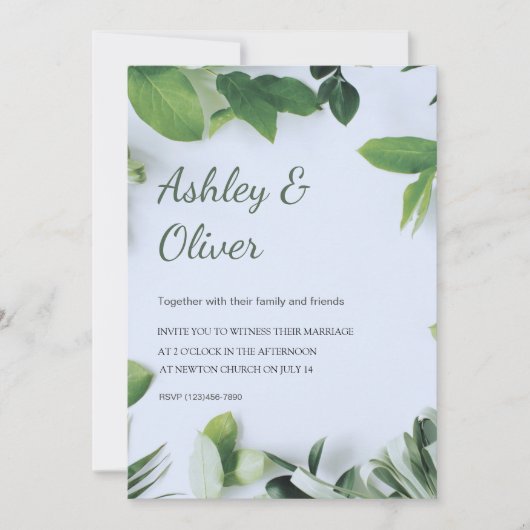 Invitation Feuille Vert simple Mariage de verdure bleue (Devant)