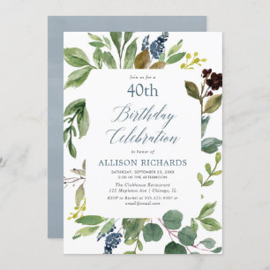 Invitation feuille vert verdoyant anniversaire floral bleu po