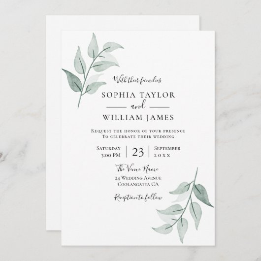 Invitation Feuille verte Simply Elegant Mariage d'été du prin (Devant / Derrière)