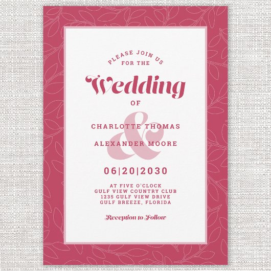 Invitation Feuilles Abstraits modernes | Blanc rouge magenta