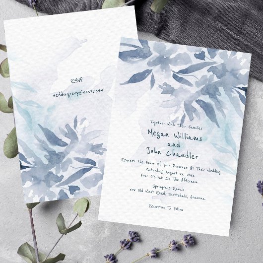 Invitation Feuilles Aquarelle bleu doux