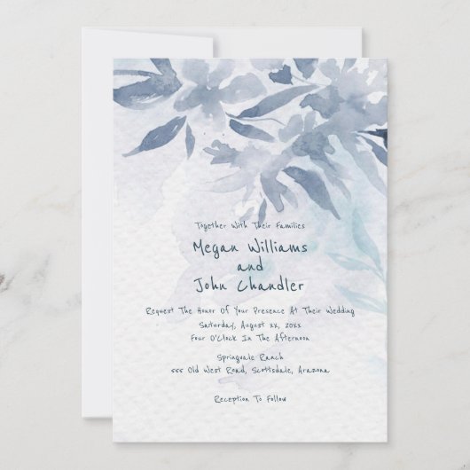 Invitation Feuilles Aquarelle bleu doux (Devant)